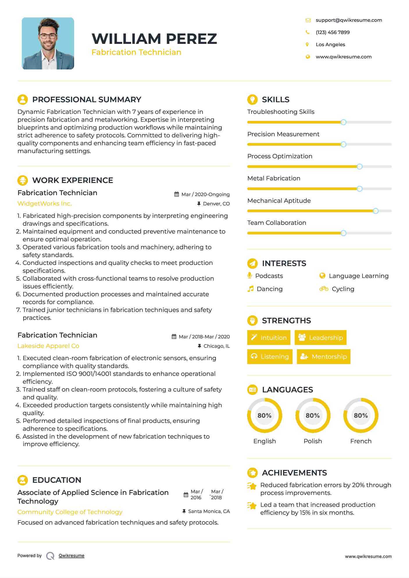 Fabrication Technician Resume Model
