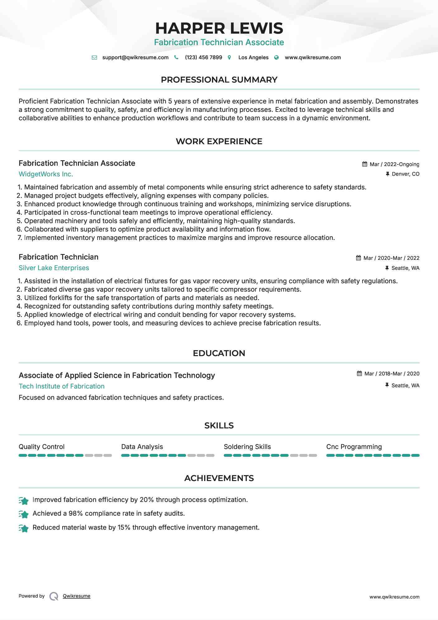 Fabrication Technician Associate Resume Sample