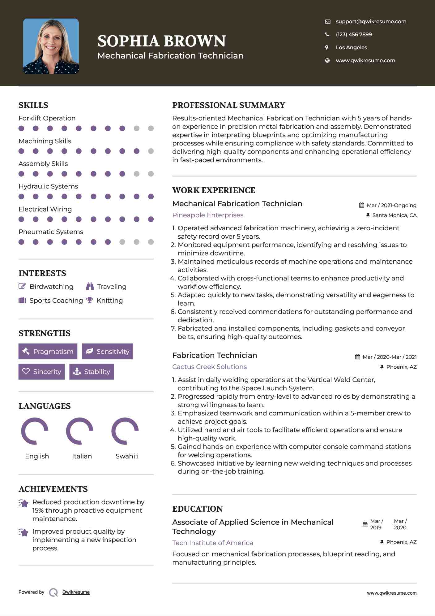 Mechanical Fabrication Technician Resume Example