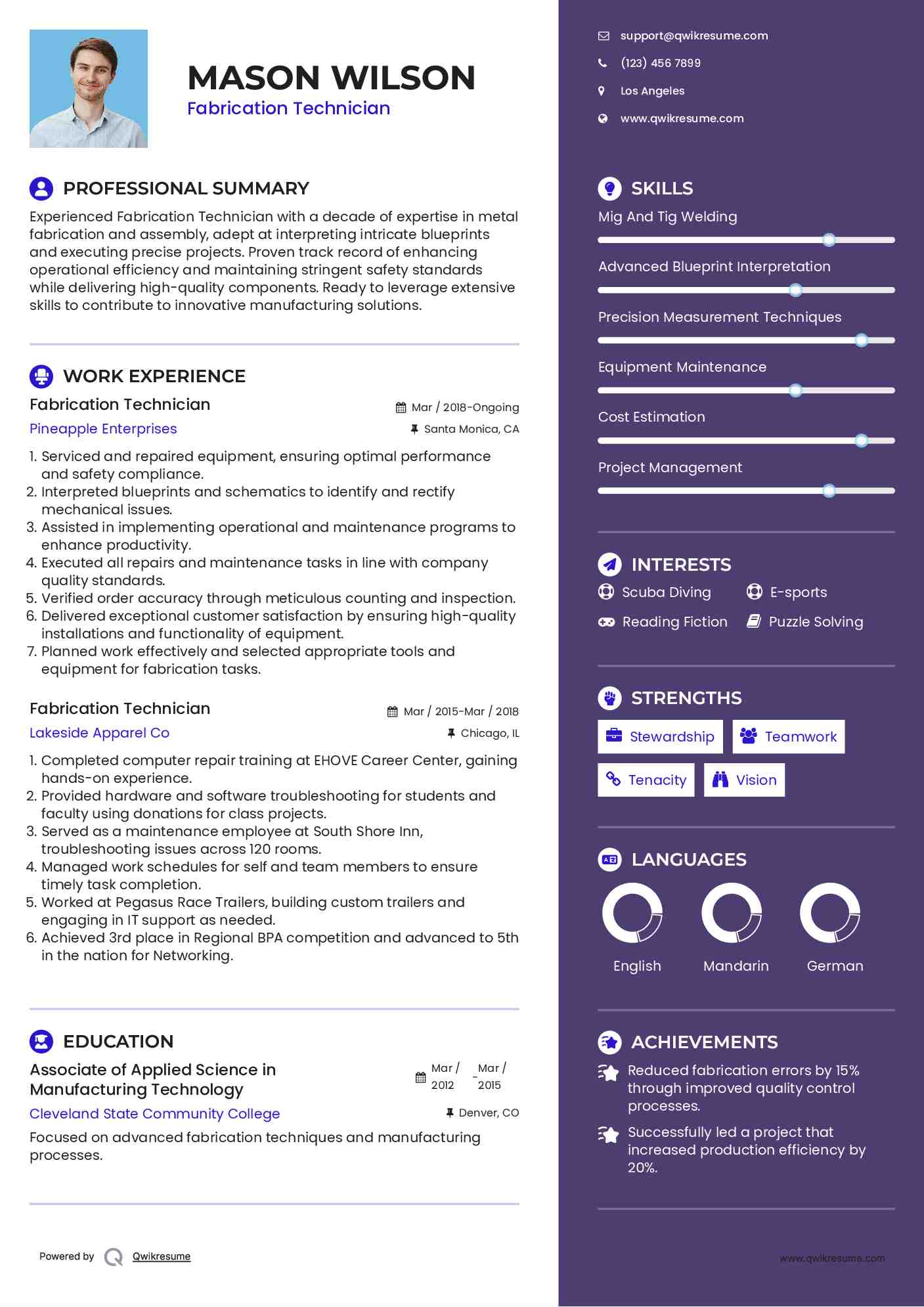 Fabrication Technician Resume Example