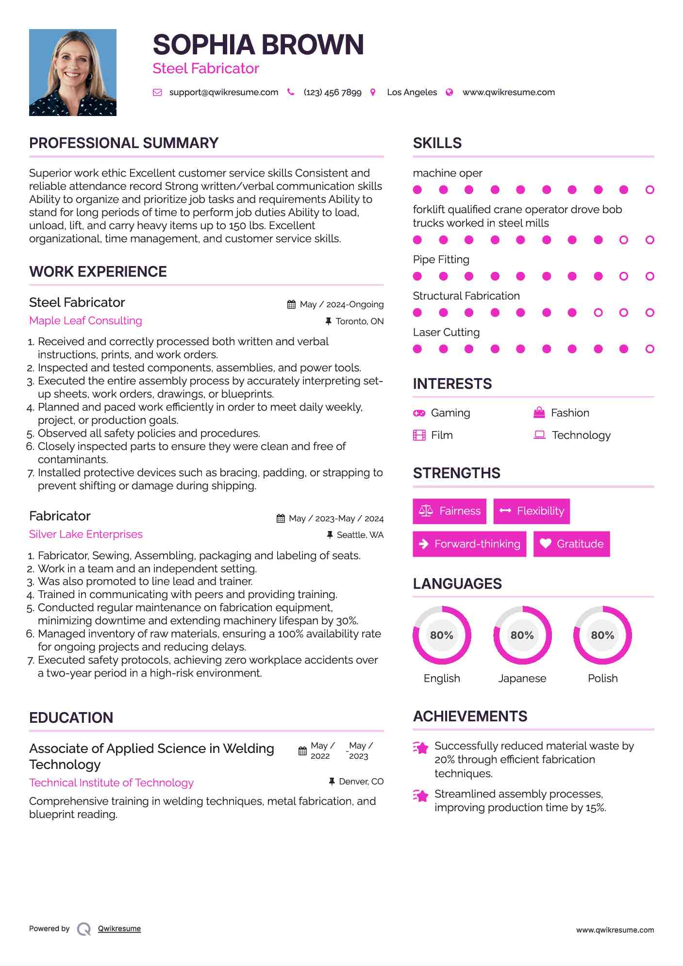 Steel Fabricator Resume Model