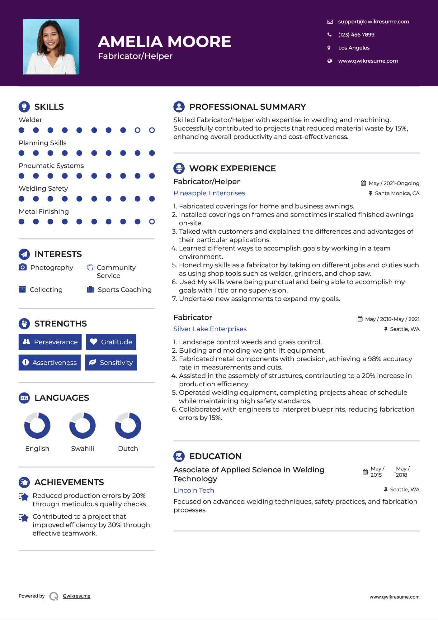 Fabricator/Helper Resume Model
