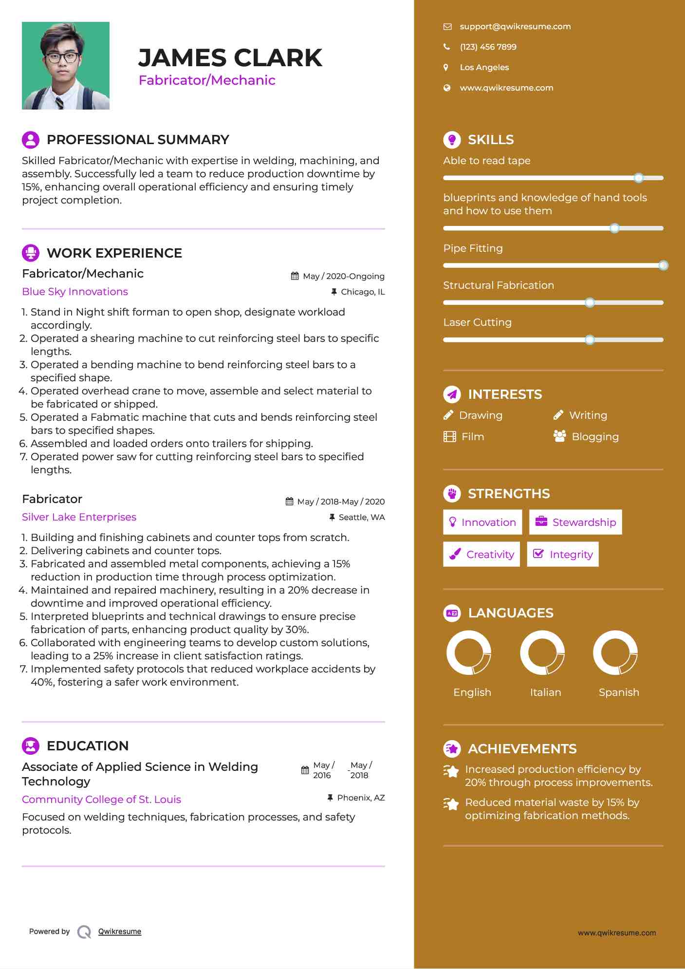 Fabricator/Mechanic Resume Example