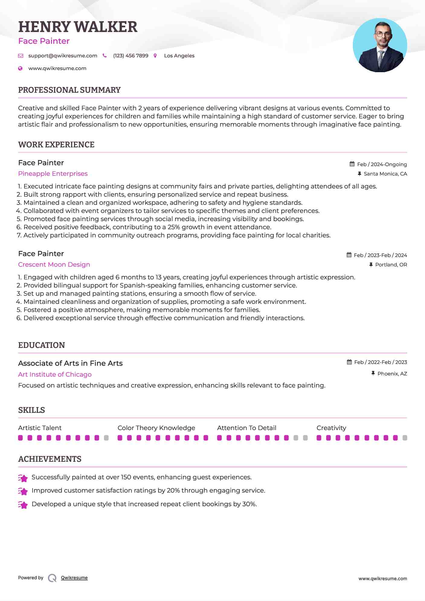Face Painter Resume Example
