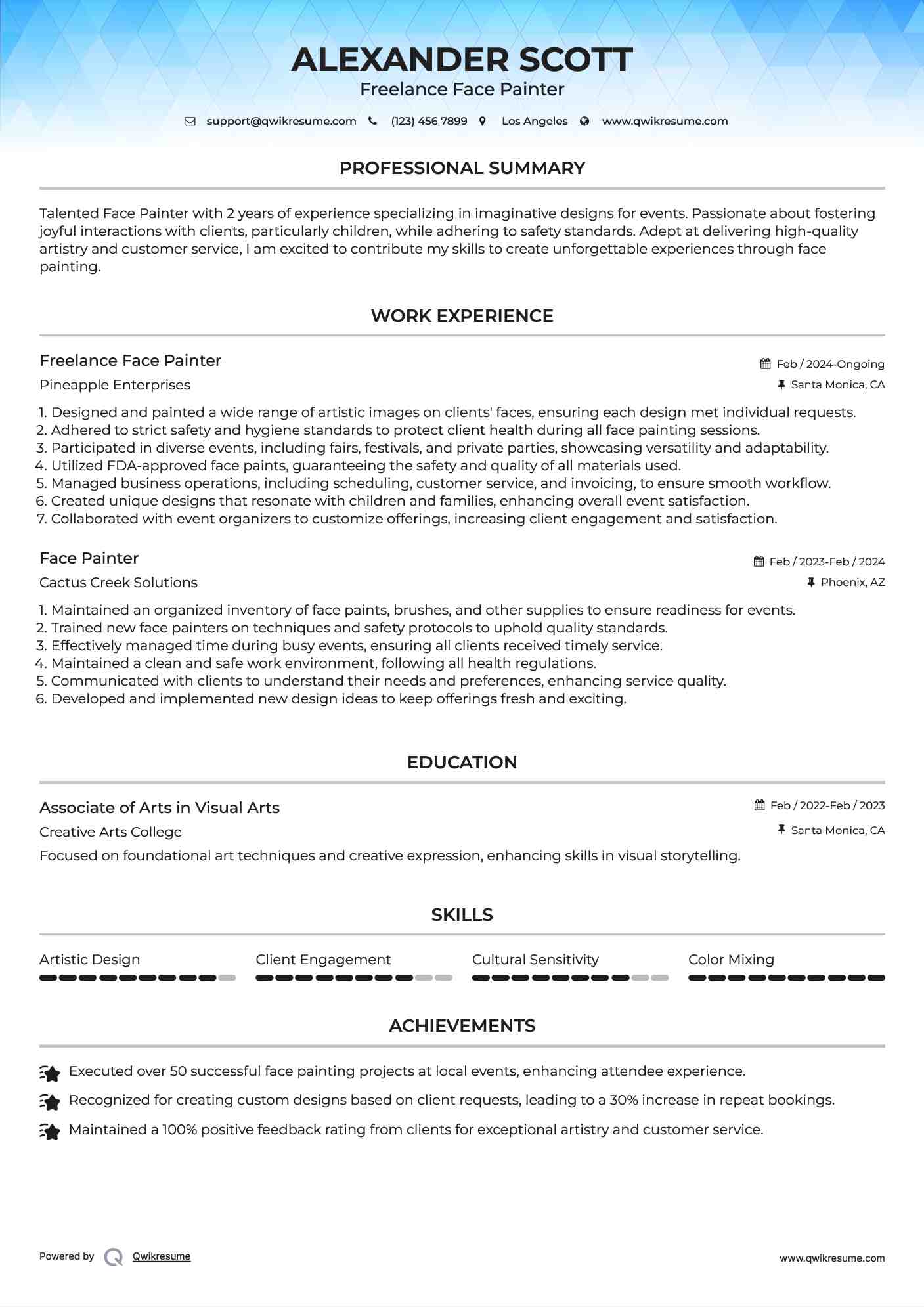 Freelance Face Painter Resume Sample