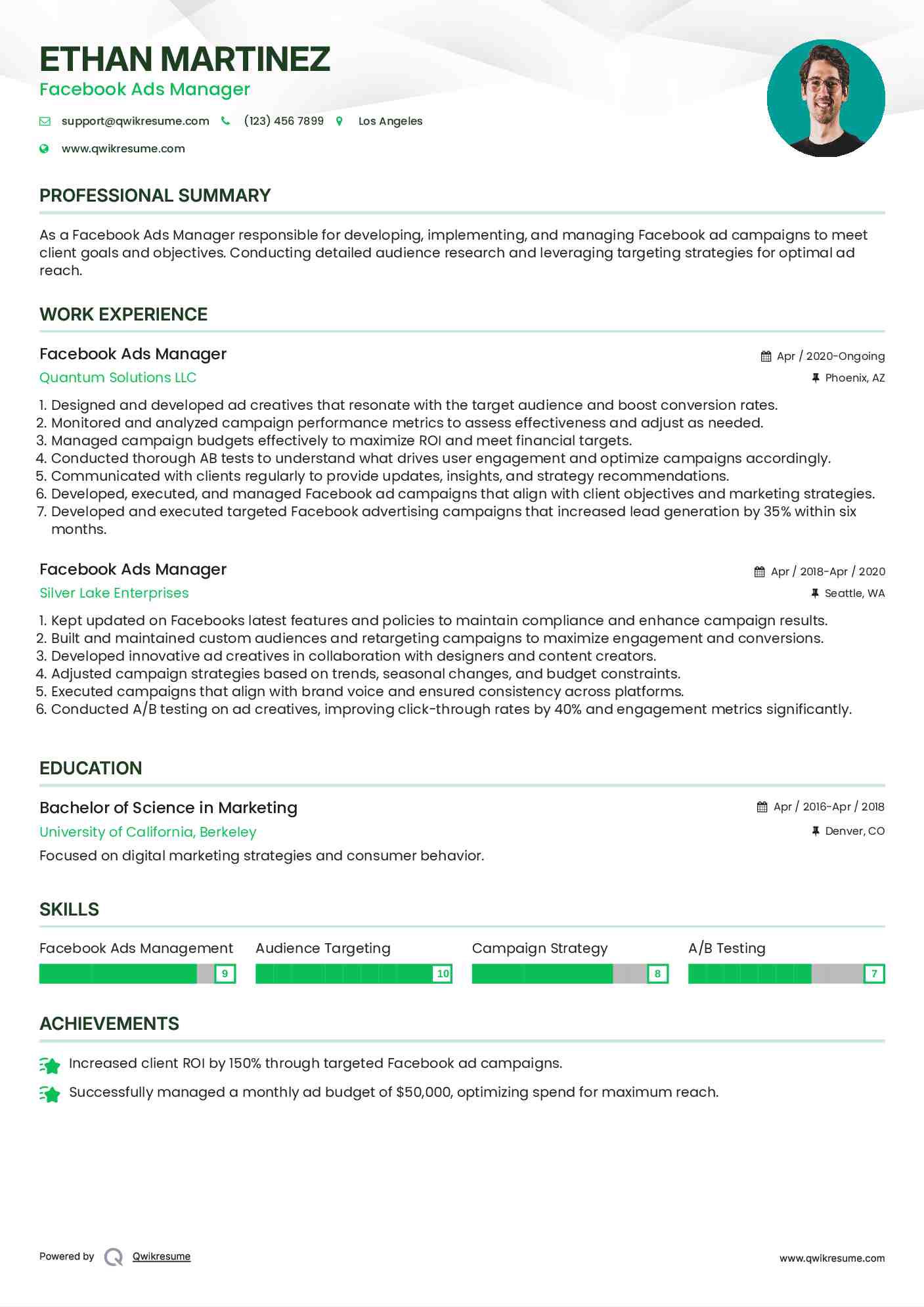 Facebook Ads Manager Resume Template