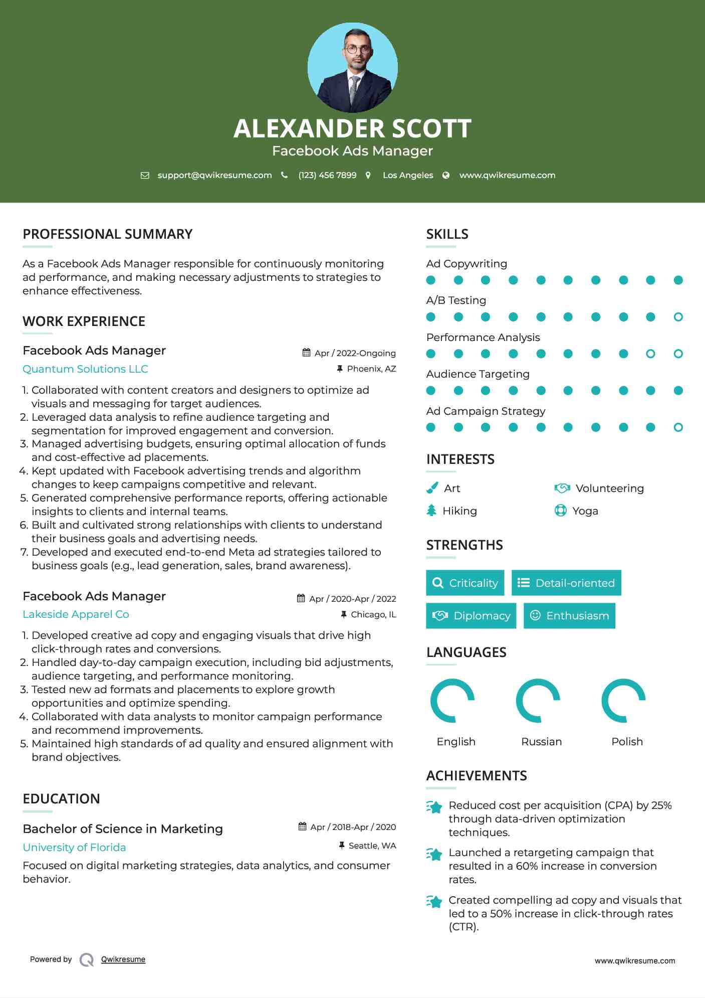 Facebook Ads Manager Resume Format
