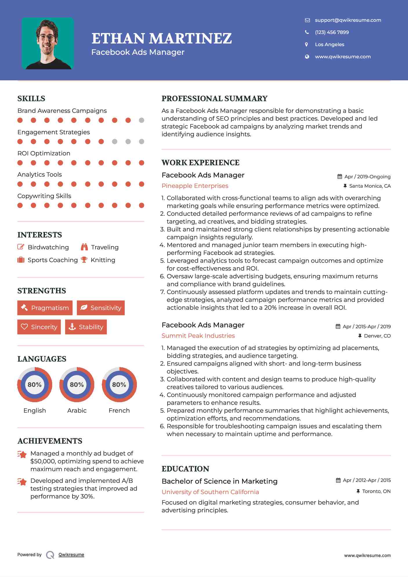 Facebook Ads Manager Resume Example