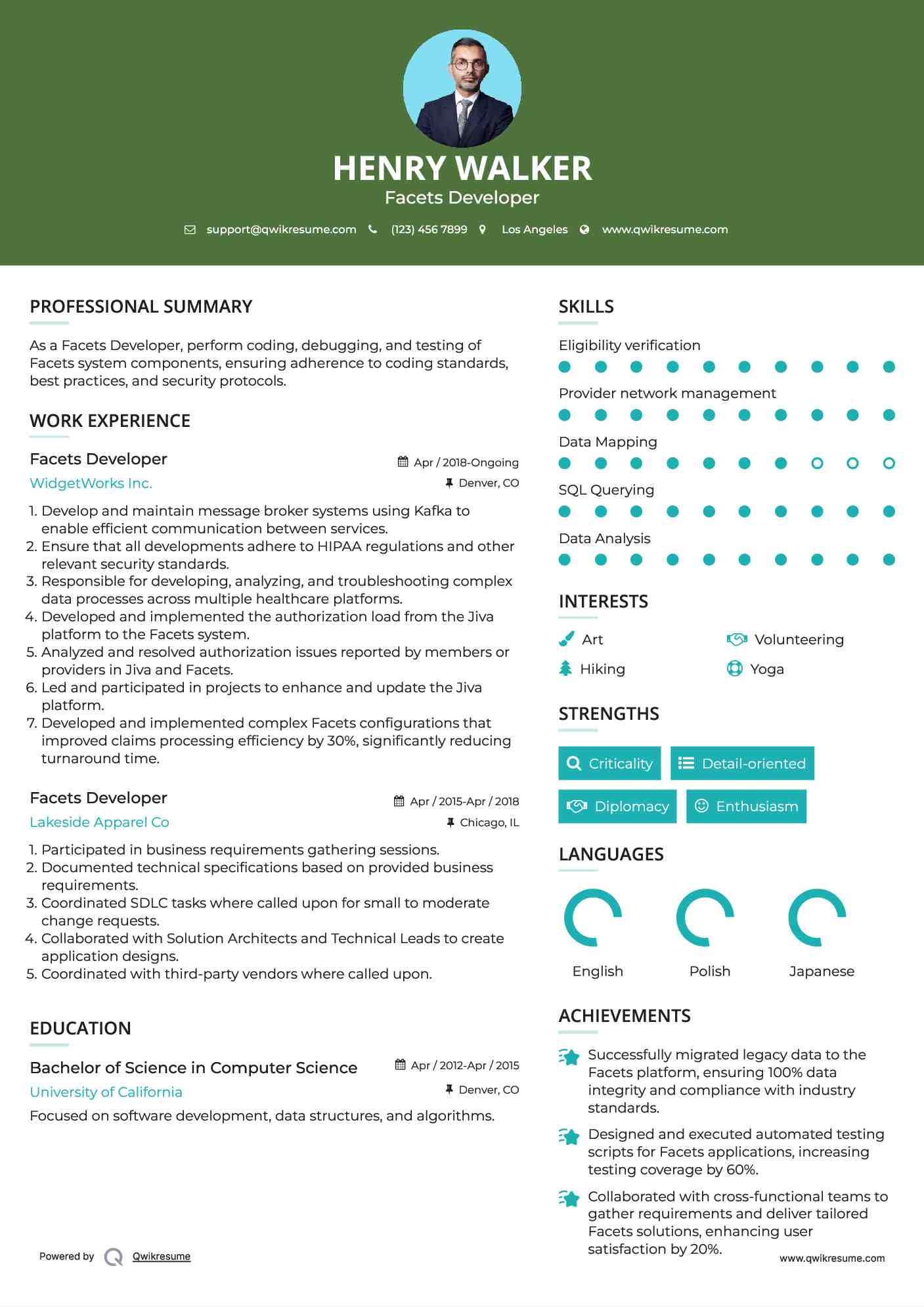 Facets Developer Resume Format