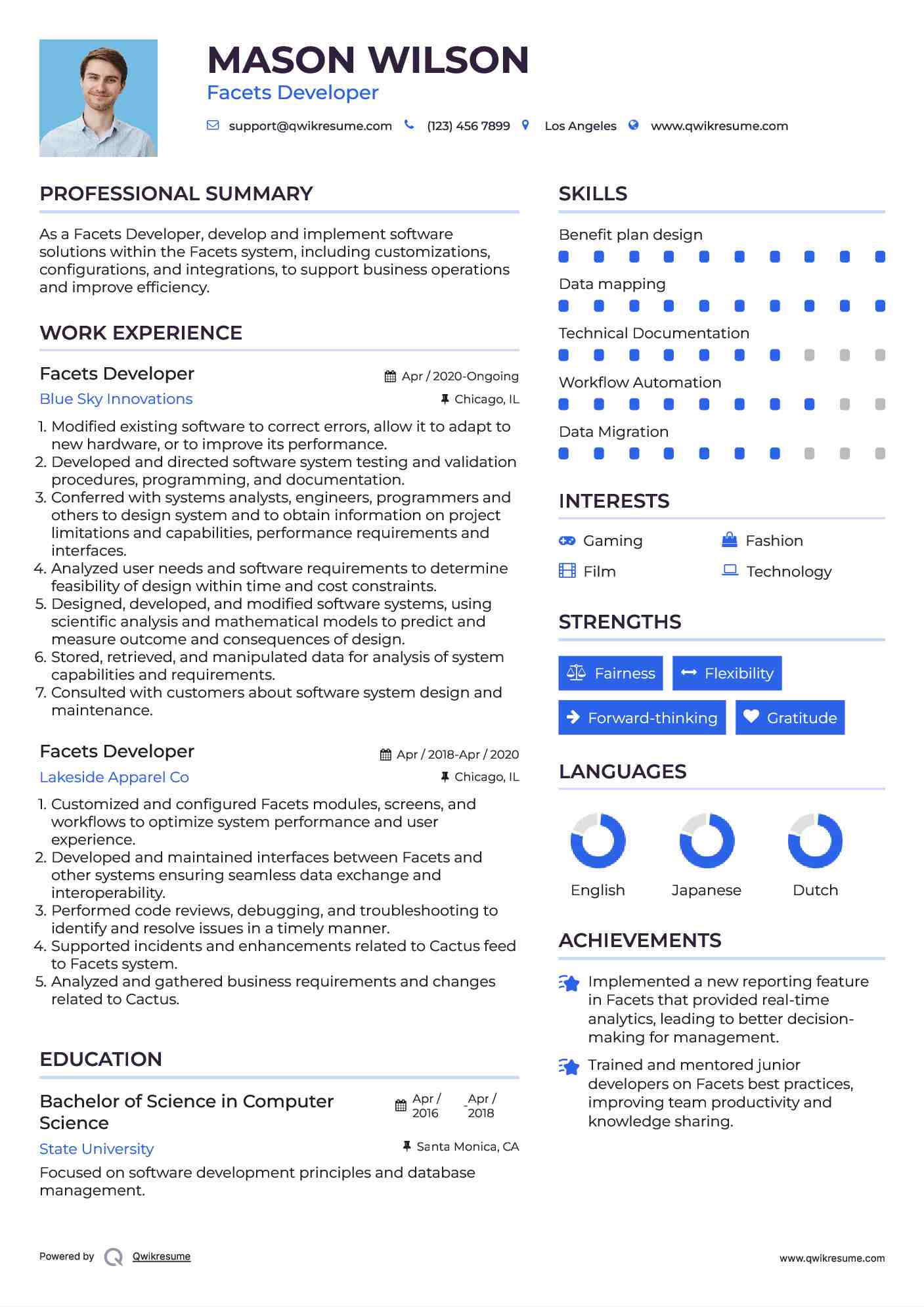 Facets Developer Resume Sample