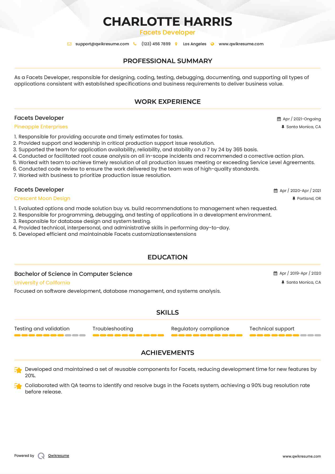 Facets Developer Resume Model