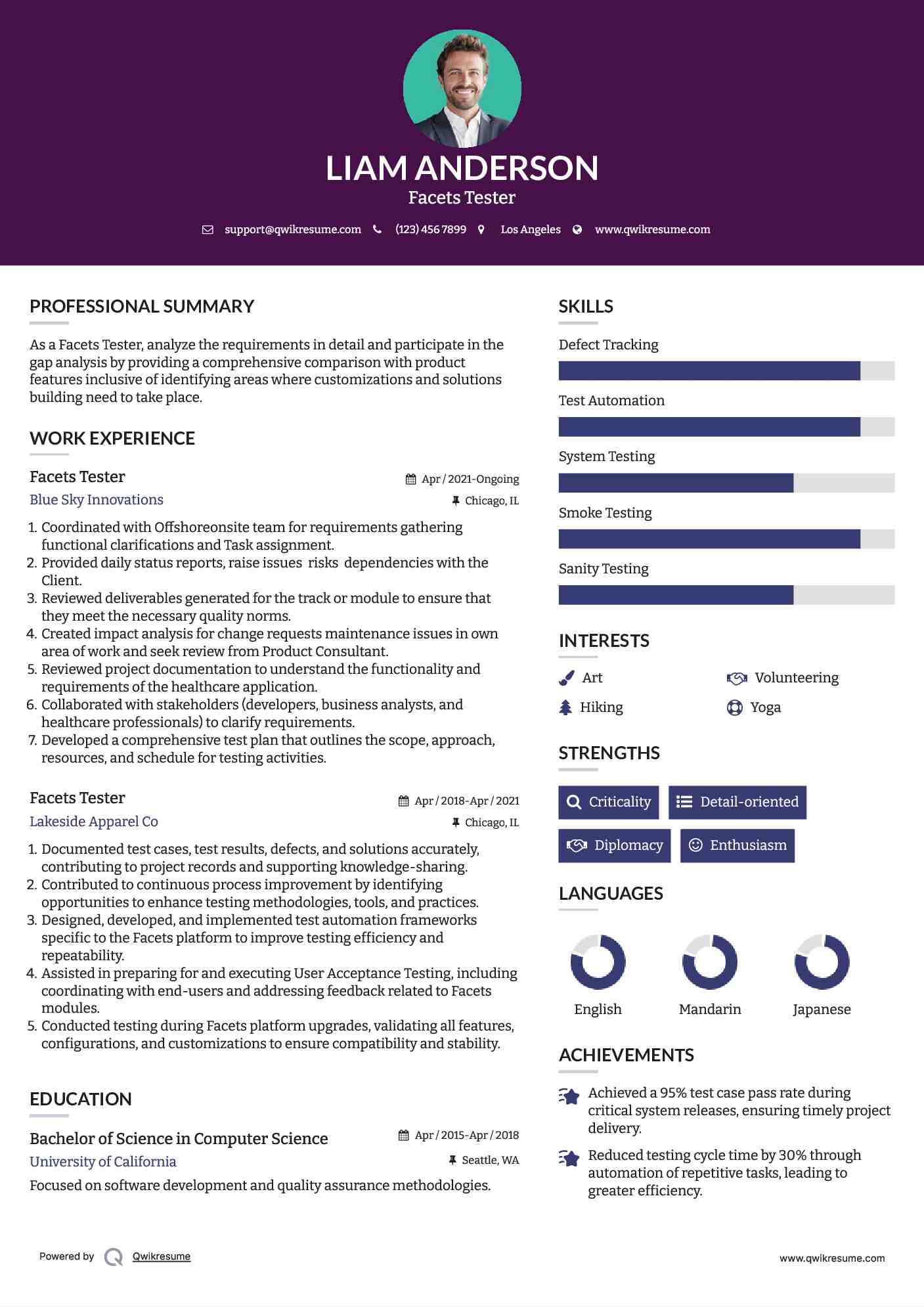 Facets Tester Resume Sample