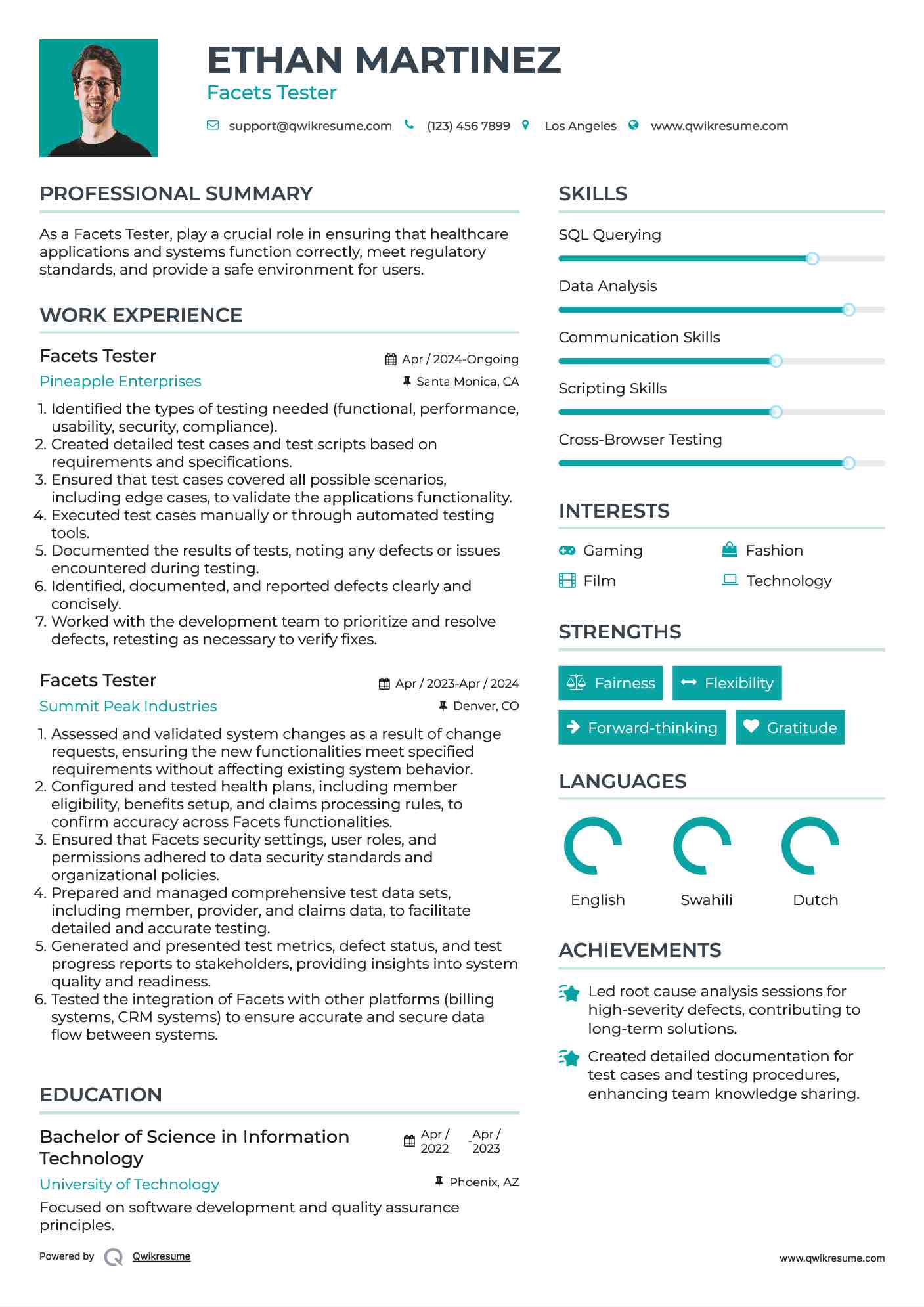 Facets Tester Resume Template
