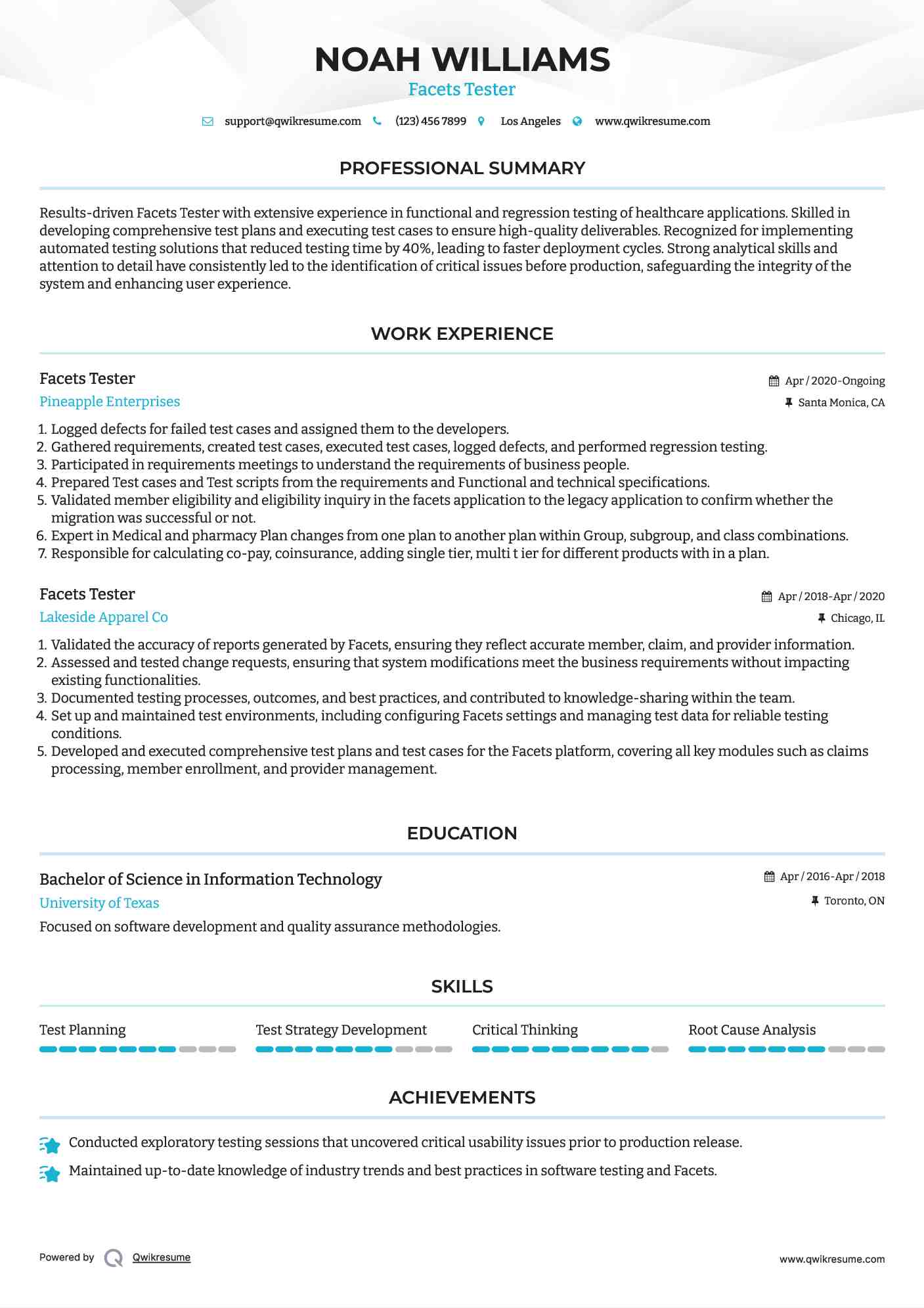 Facets Tester Resume Format