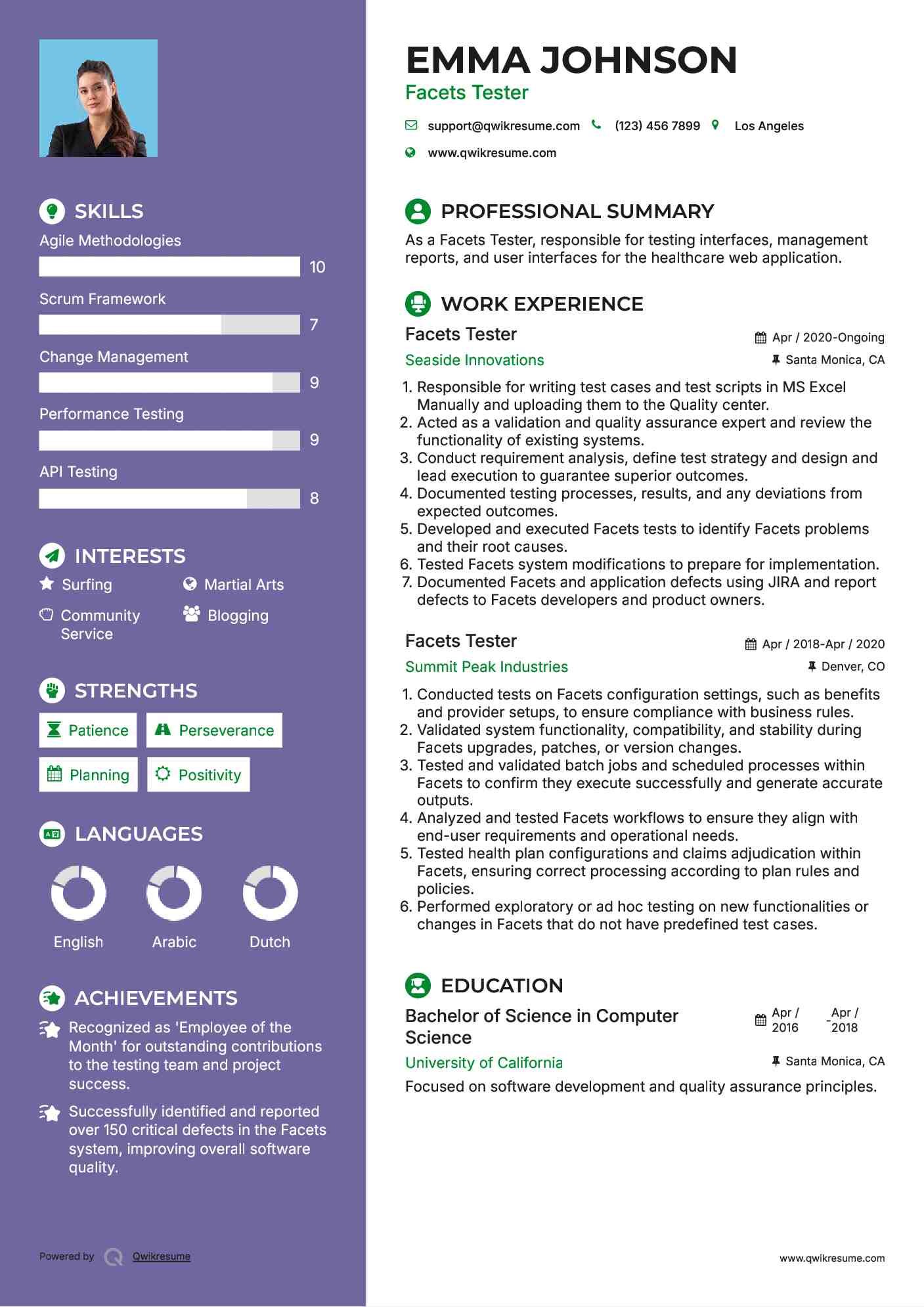 Facets Tester Resume Model