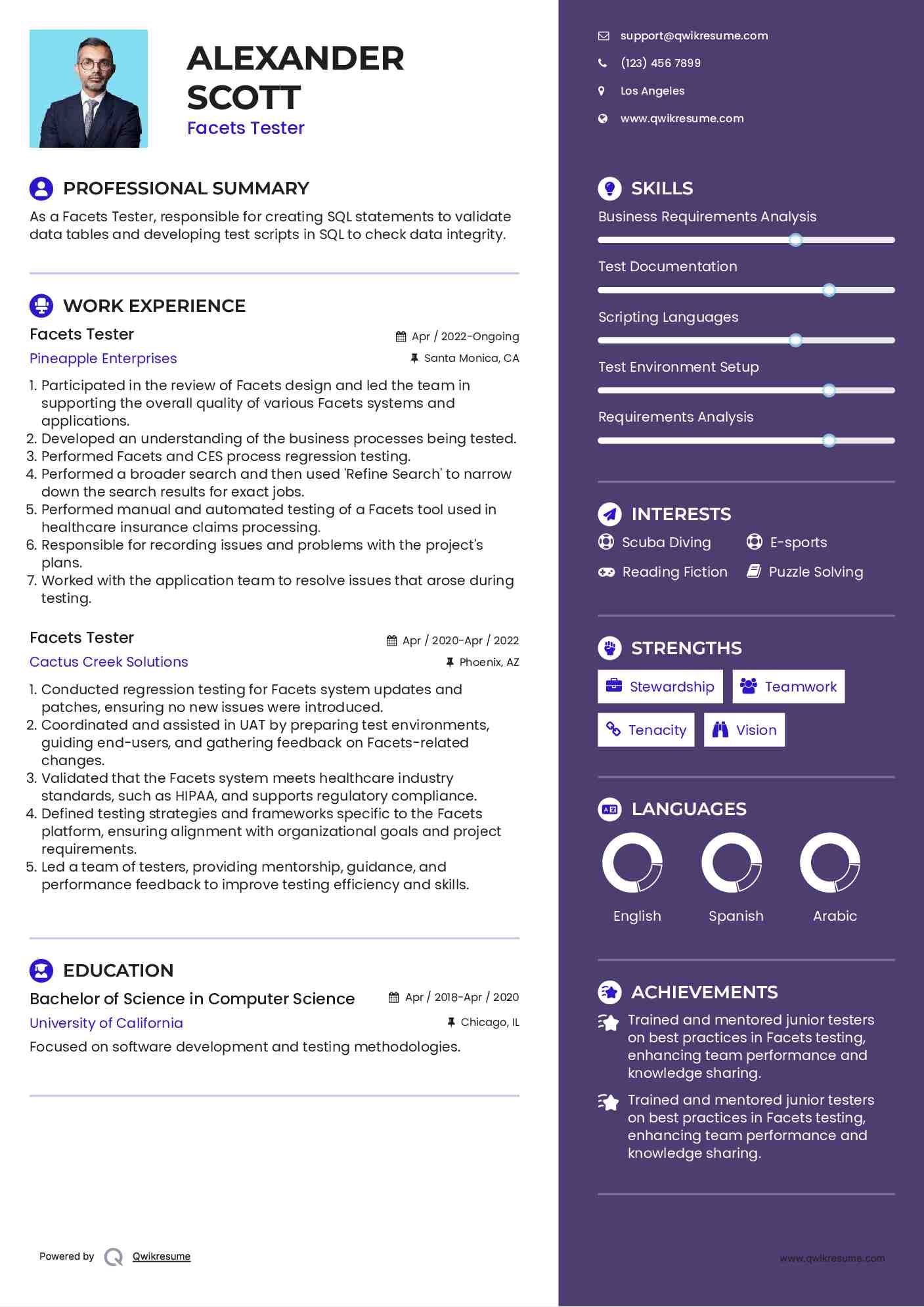 Facets Tester Resume Example