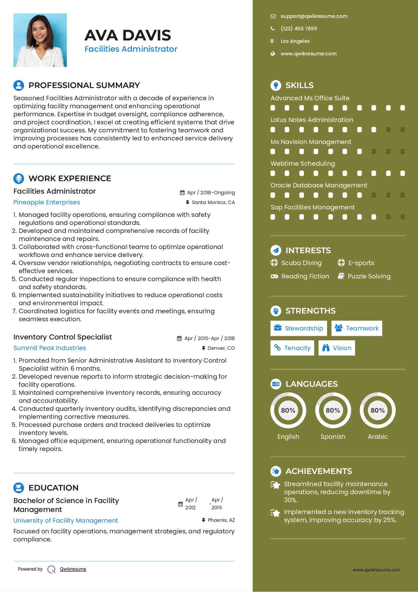 Facilities Administrator Resume Sample