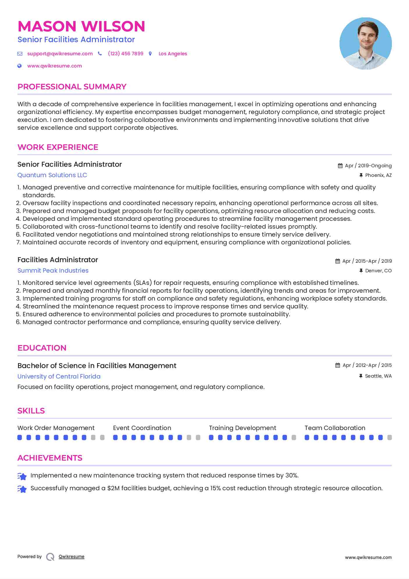 Senior Facilities Administrator Resume Template
