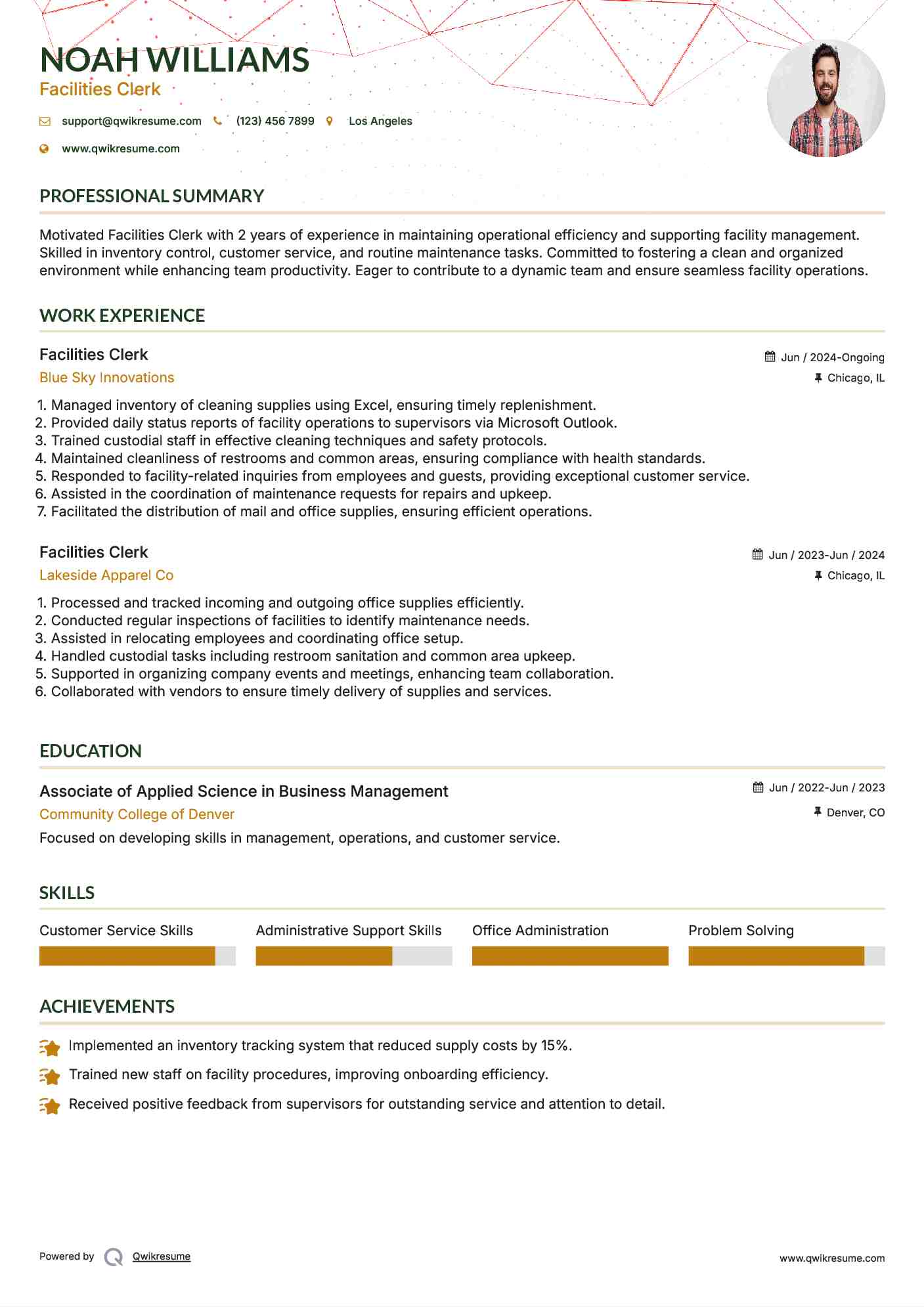 Facilities Clerk Resume Sample