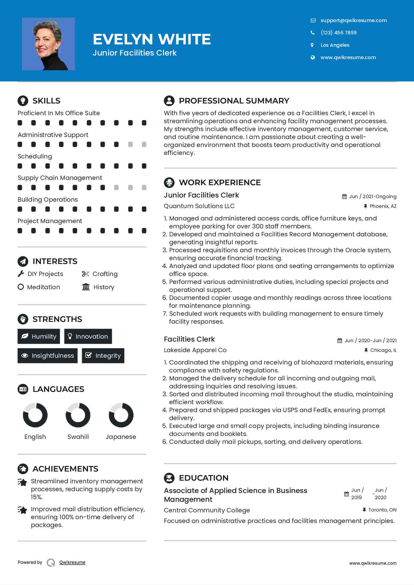 Junior Facilities Clerk Resume Format