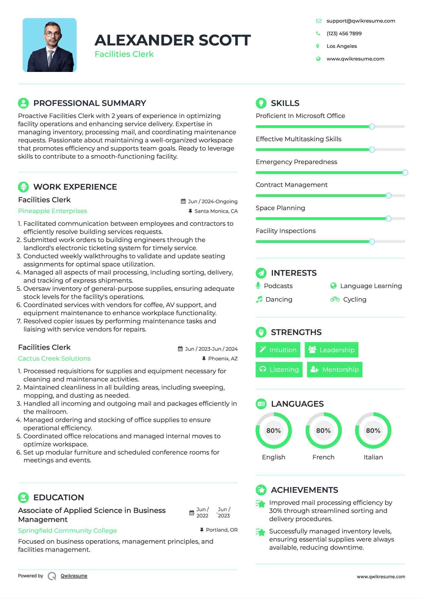 Facilities Clerk Resume Example