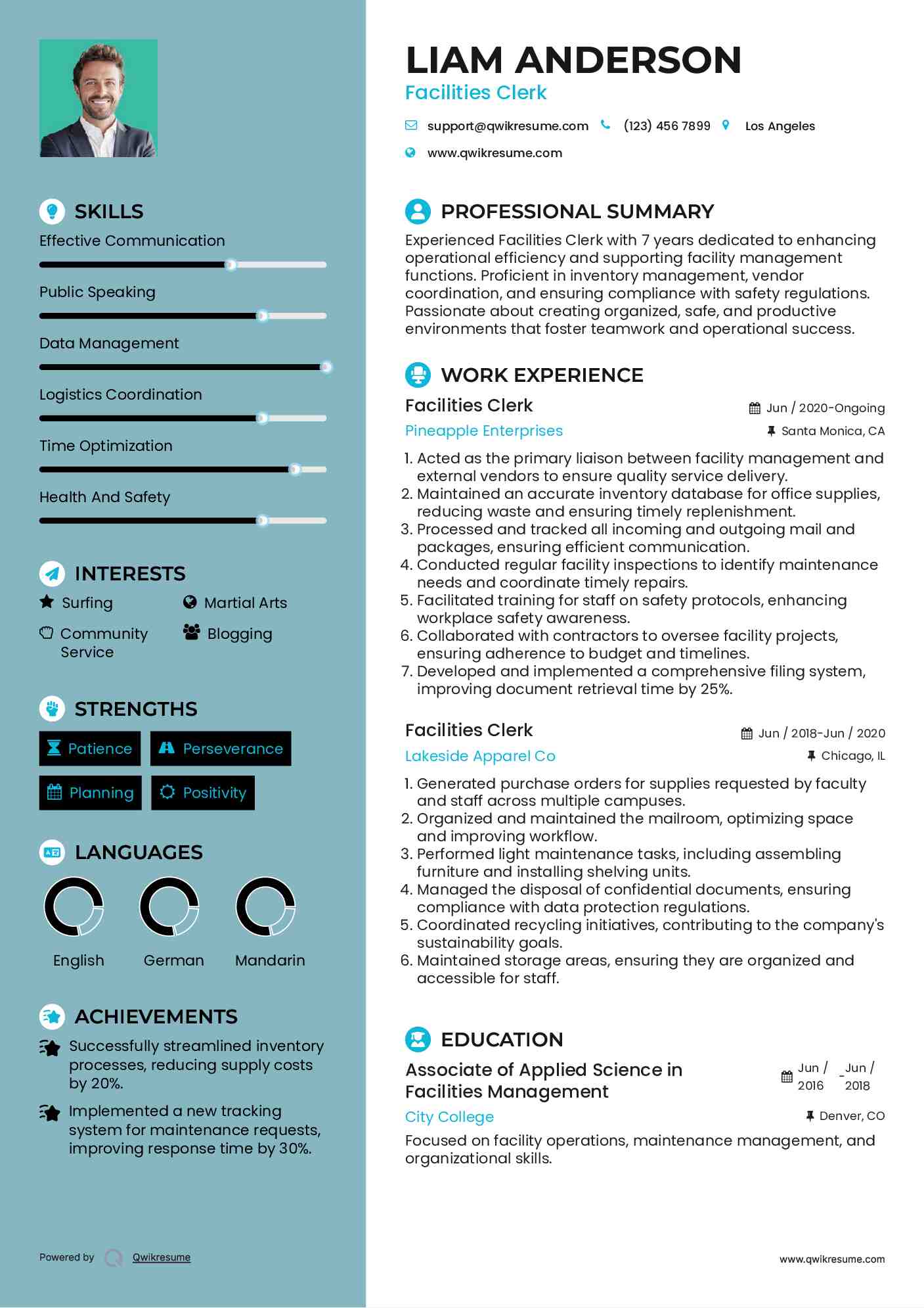 Facilities Clerk Resume Sample