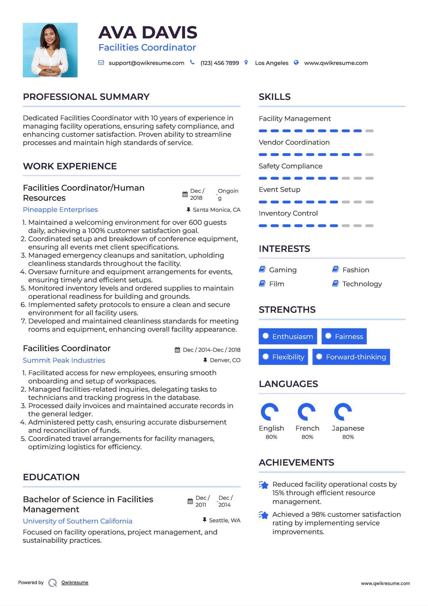 Facilities Coordinator/Human Resources Resume Example