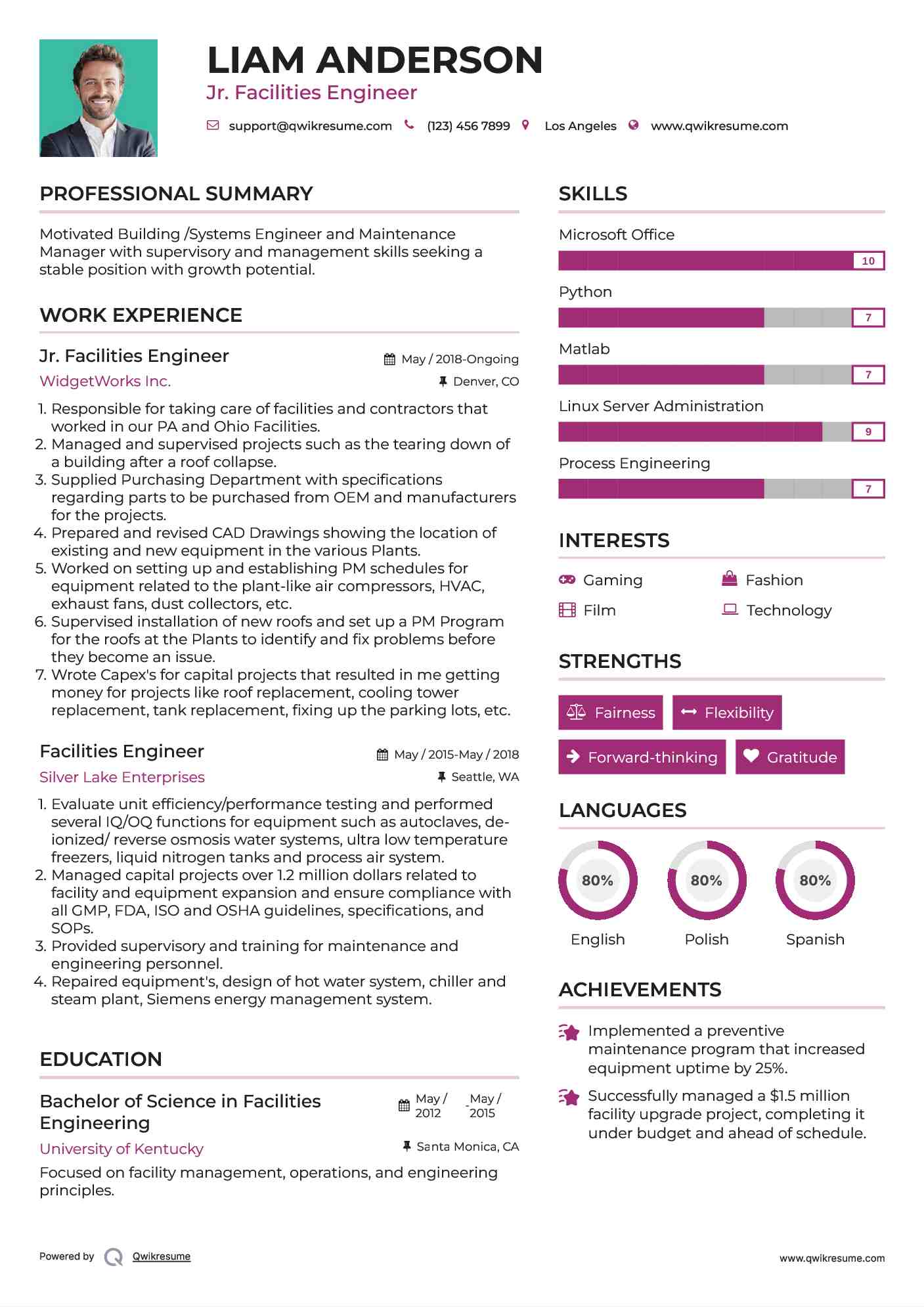 Jr. Facilities Engineer Resume Sample