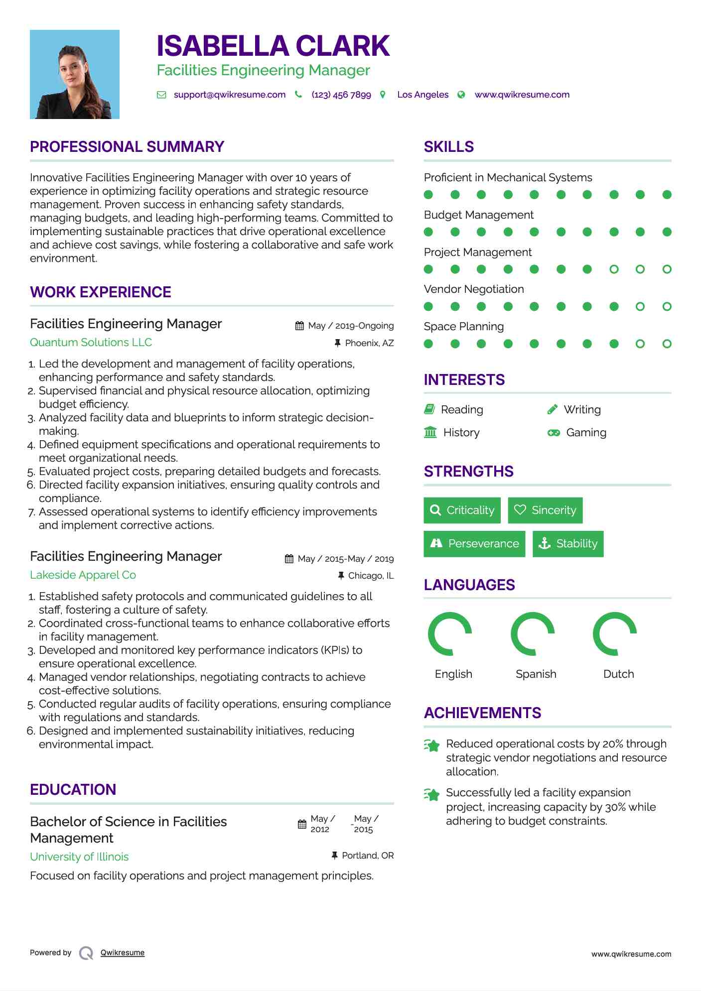 Facilities Engineering Manager Resume Template