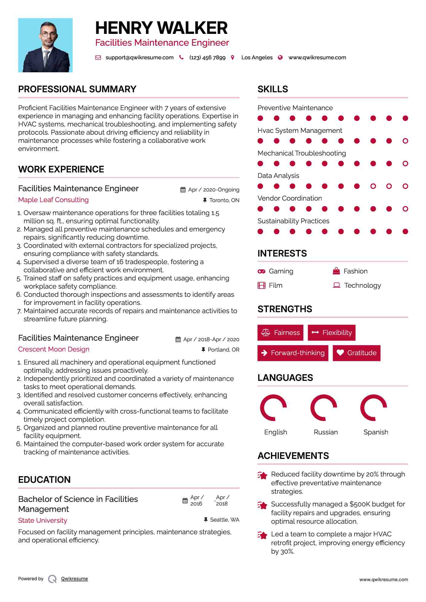Facilities Maintenance Engineer Resume Sample