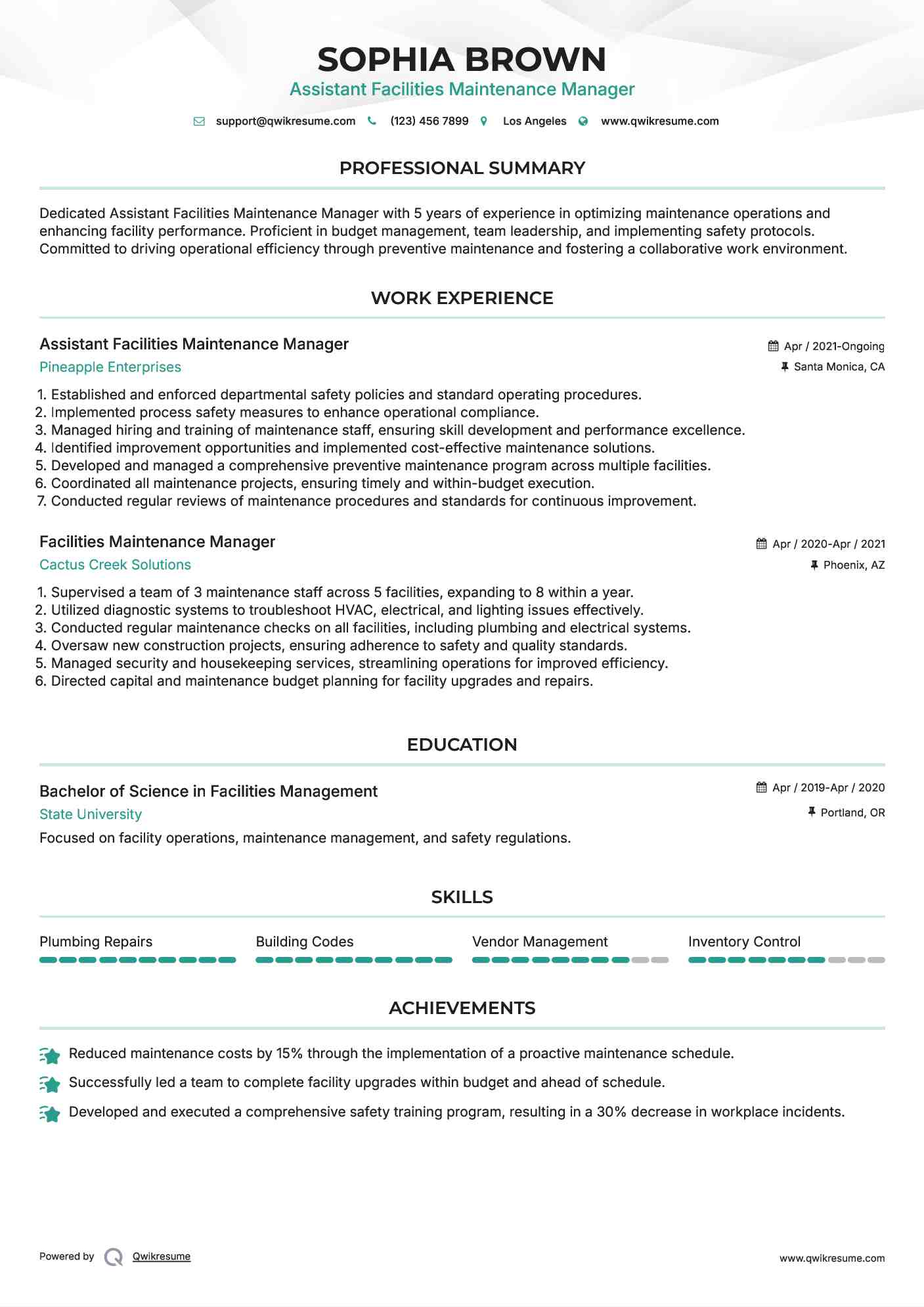 Assistant Facilities Maintenance Manager Resume Sample
