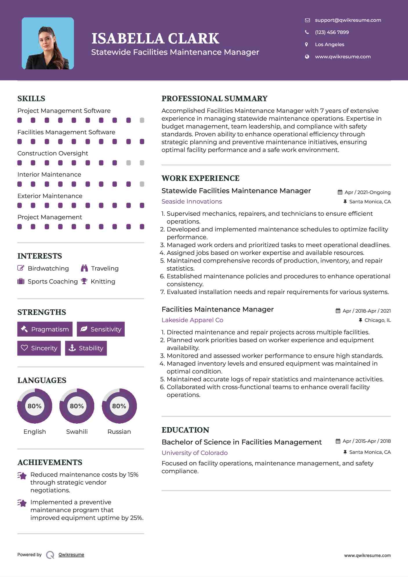 Statewide Facilities Maintenance Manager Resume Example