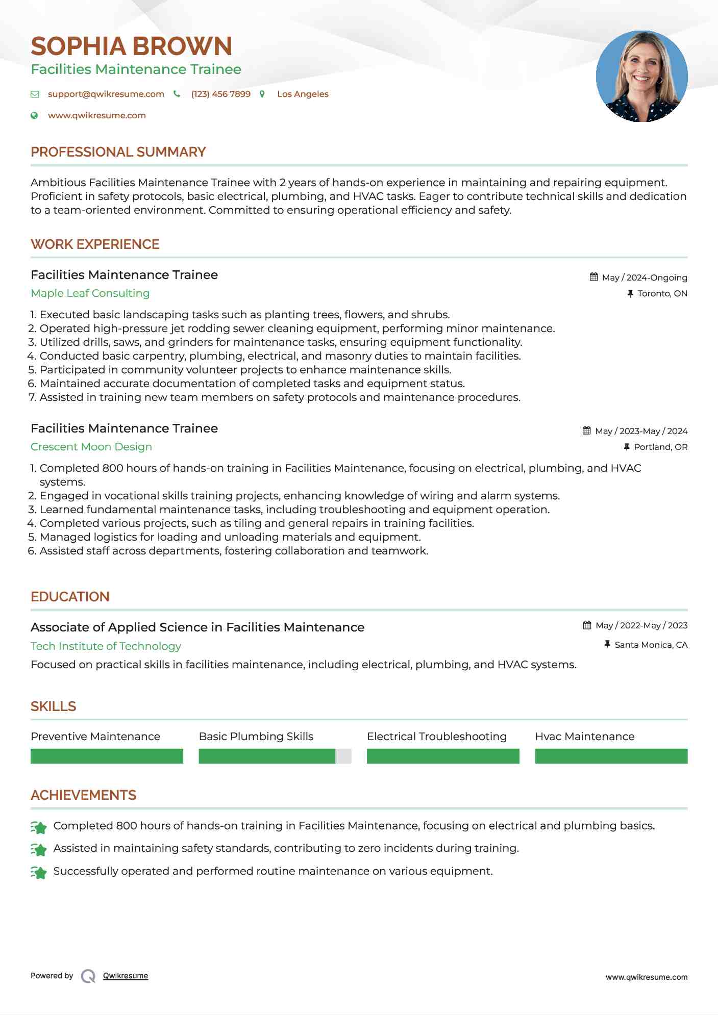 Facilities Maintenance Trainee Resume Model