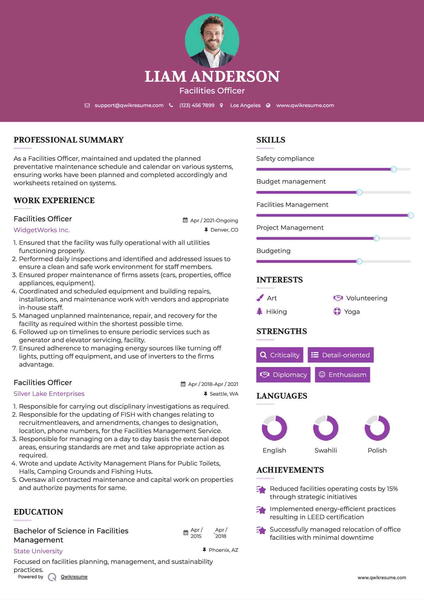 Facilities Officer Resume Example