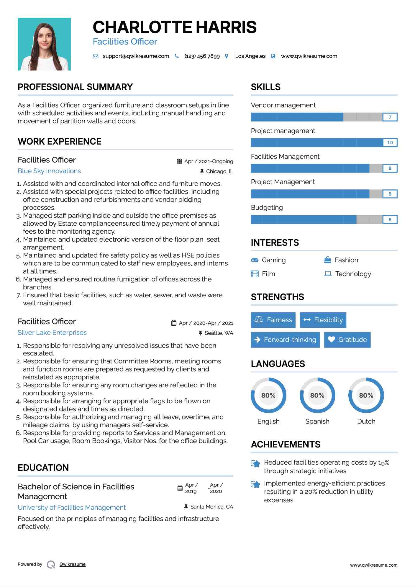 Facilities Officer Resume Example