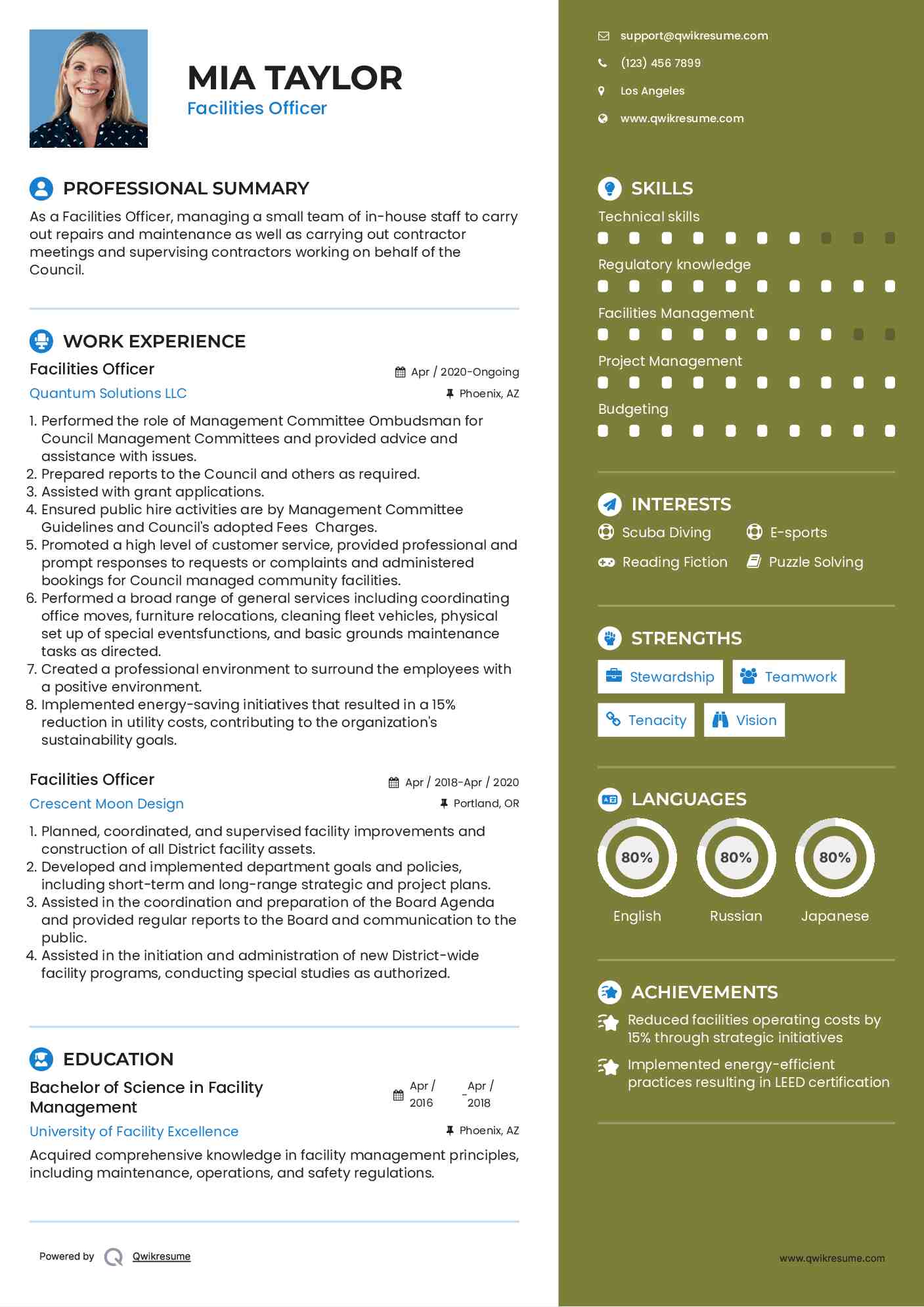 Facilities Officer Resume Model