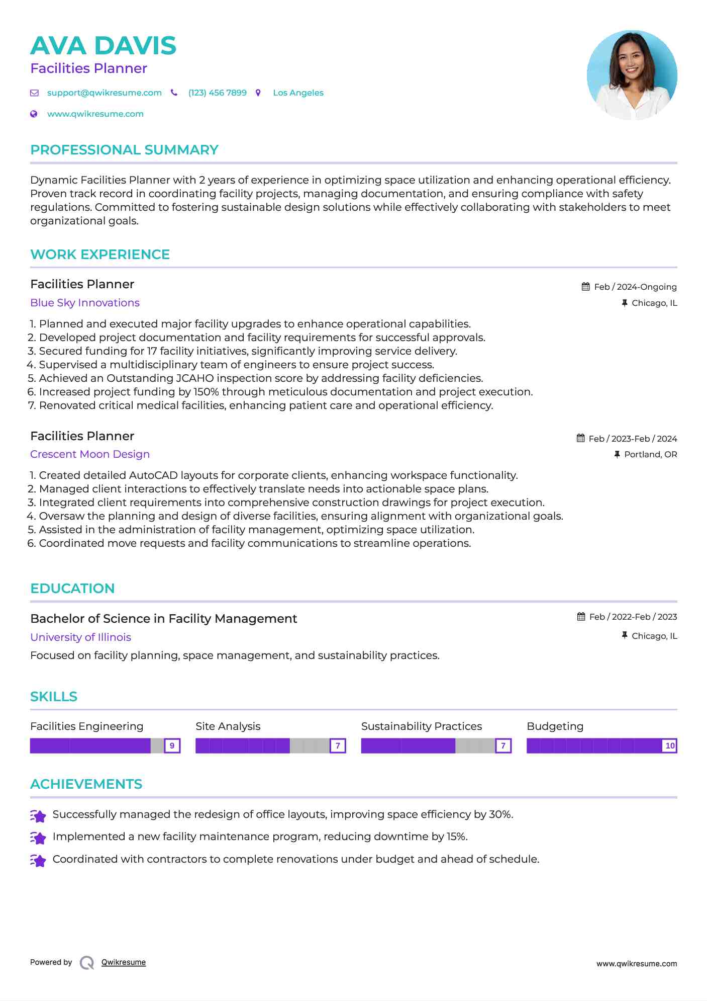 Facilities Planner Resume Example
