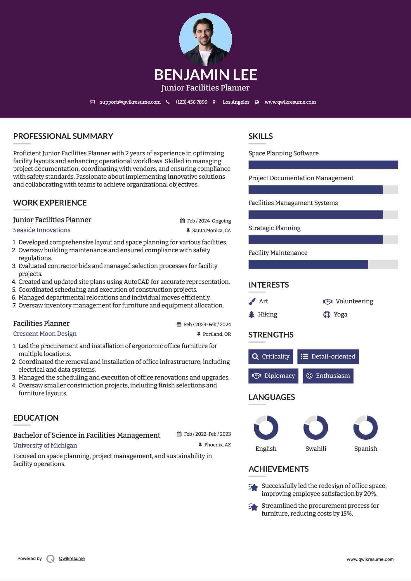 Junior Facilities Planner Resume Template