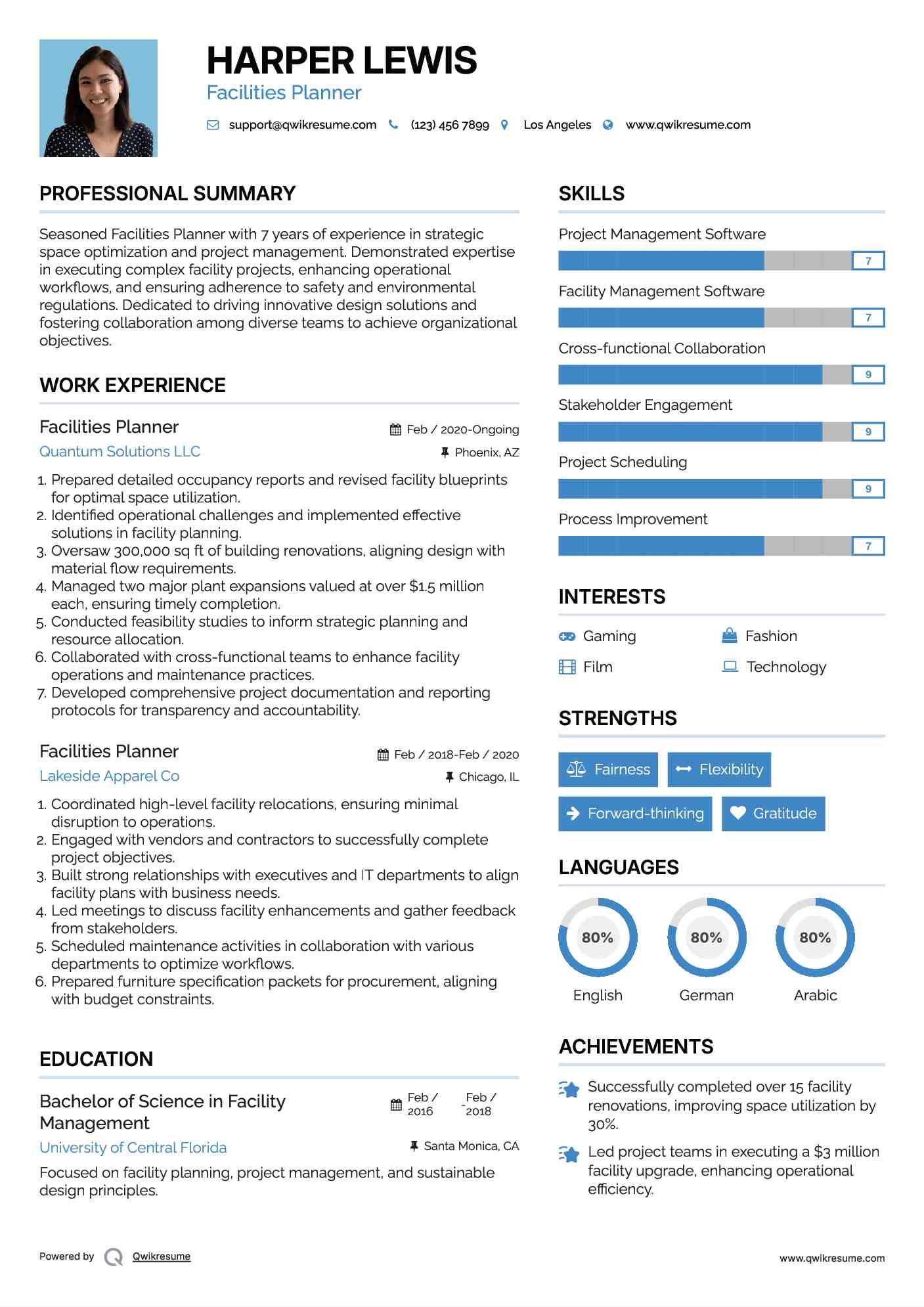 Facilities Planner Resume Sample