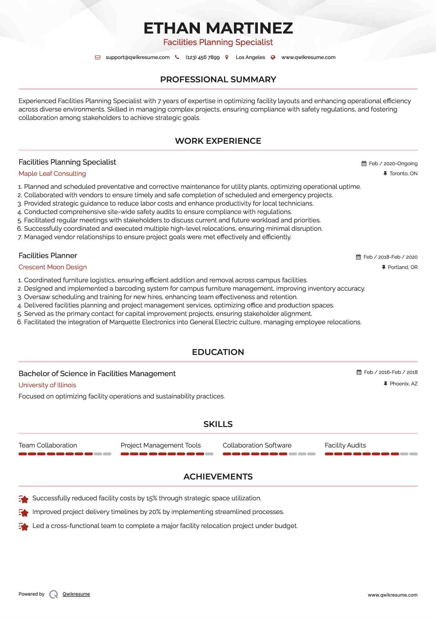 Facilities Planning Specialist Resume Example