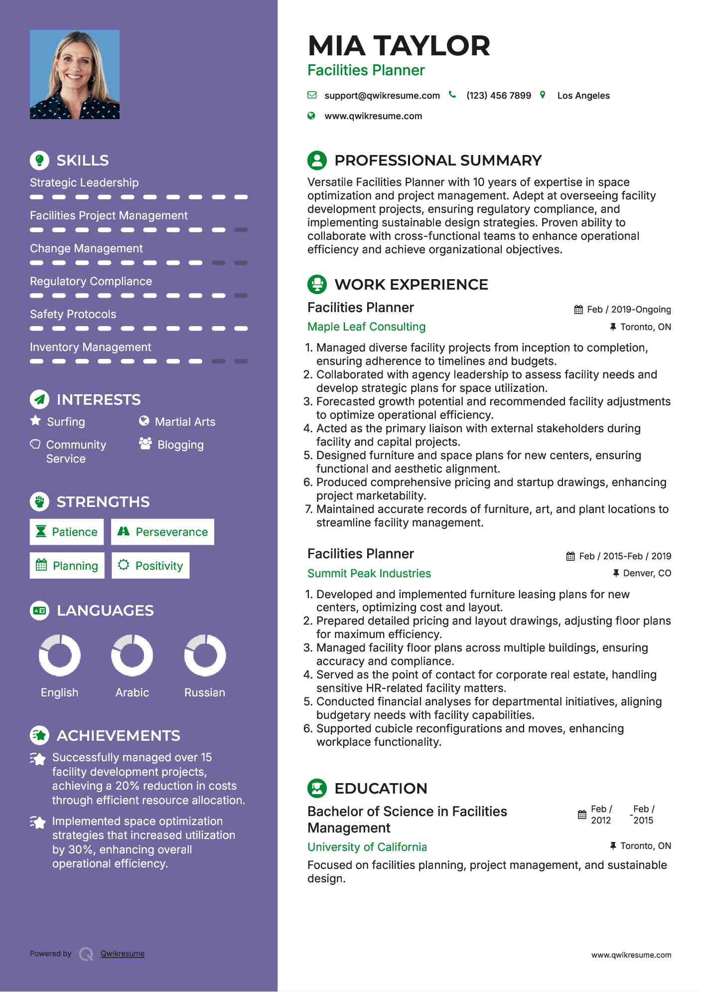 Facilities Planner Resume Example