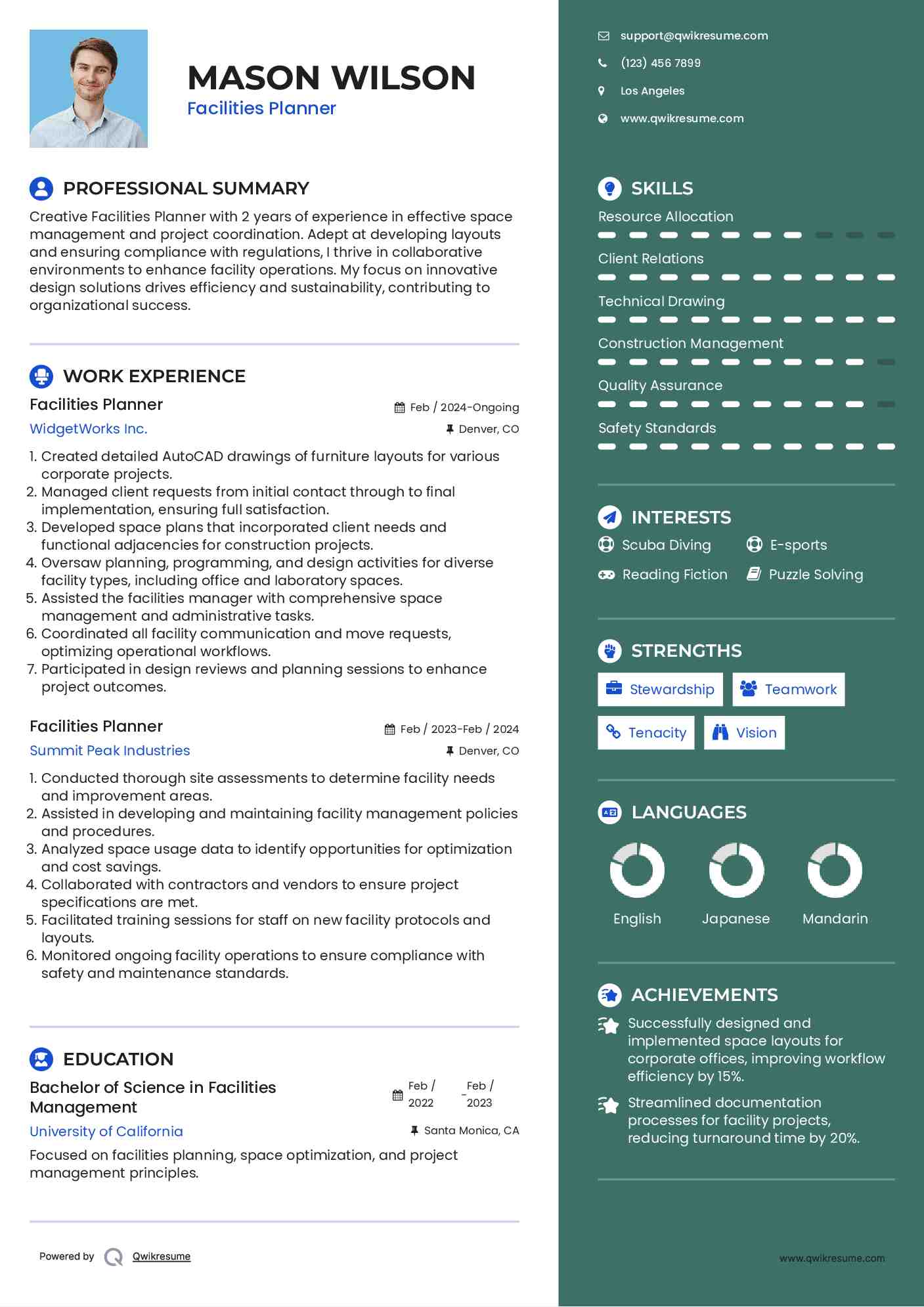 Facilities Planner Resume Example