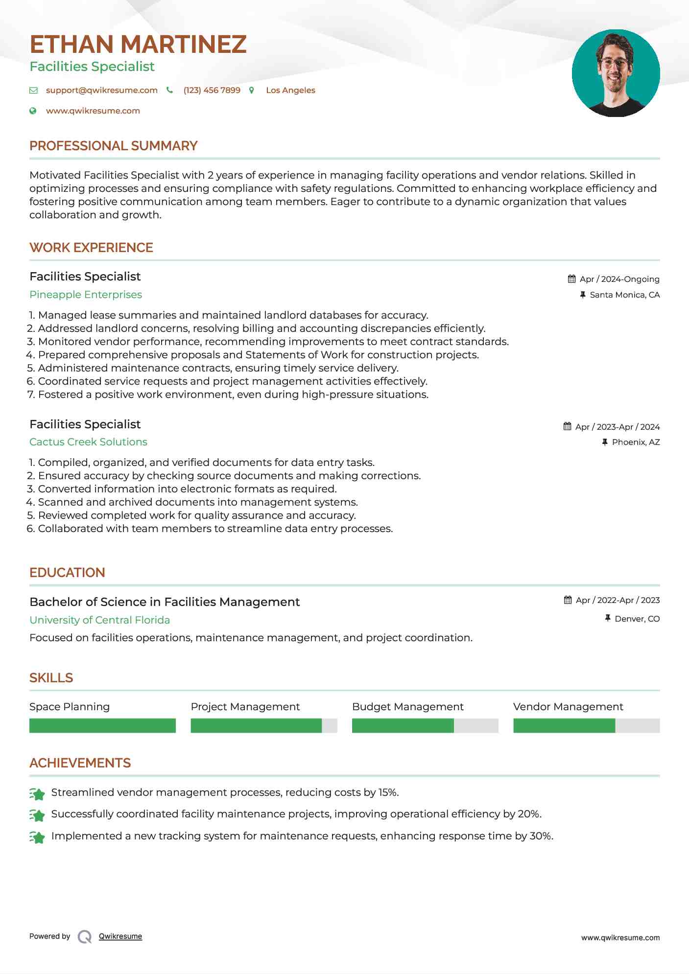Facilities Specialist Resume Template