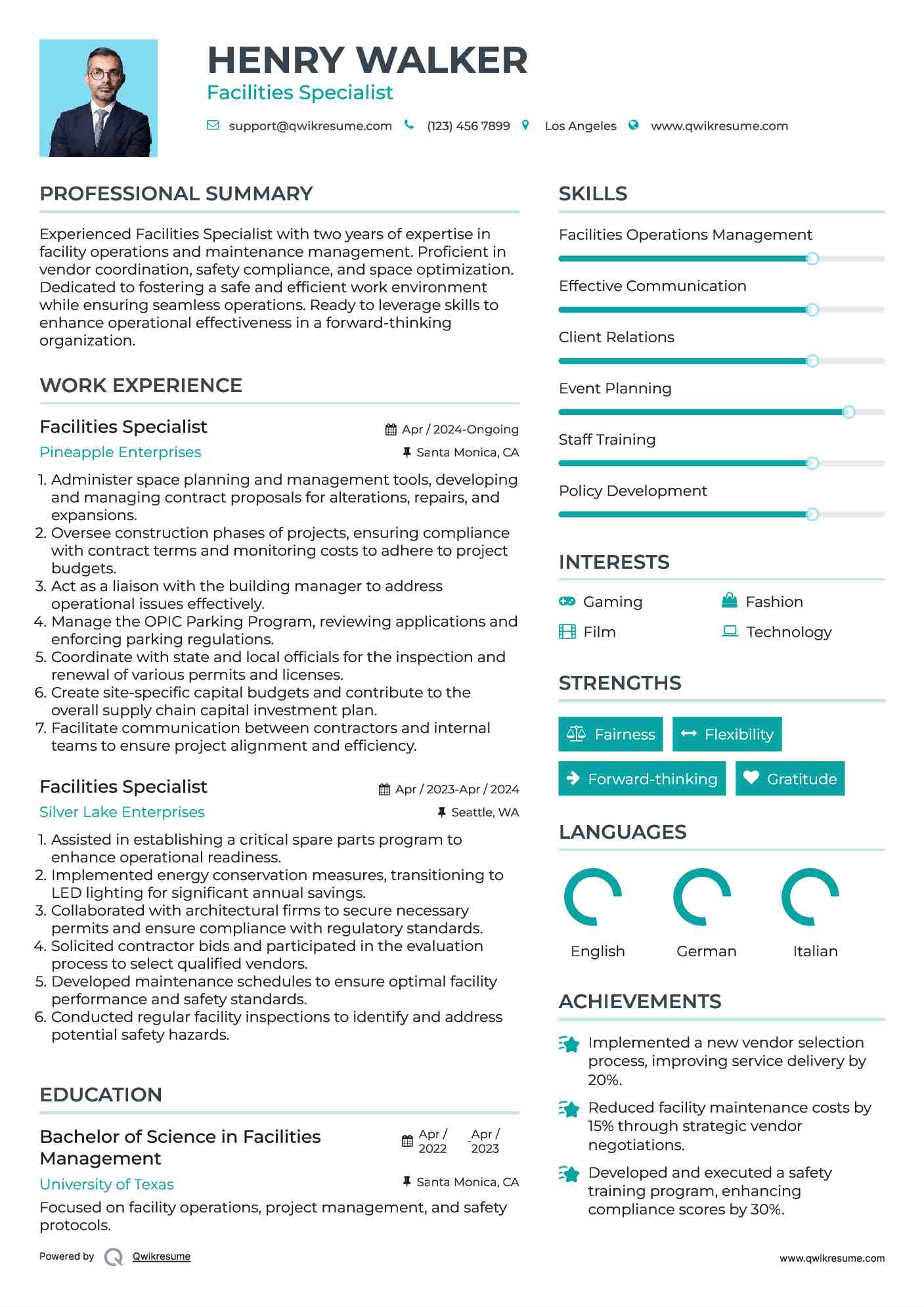 Facilities Specialist Resume Template