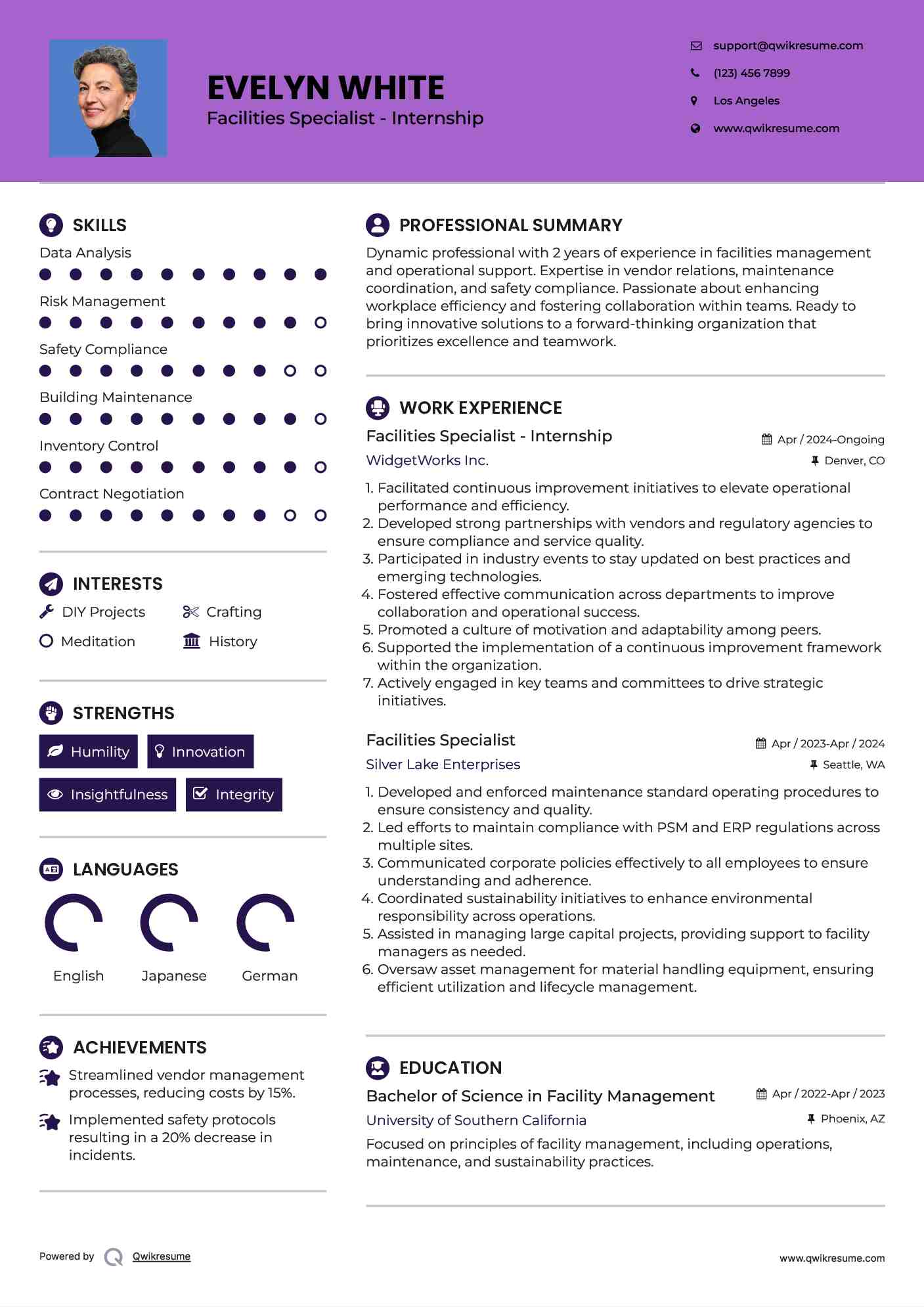 Facilities Specialist - Internship Resume Template