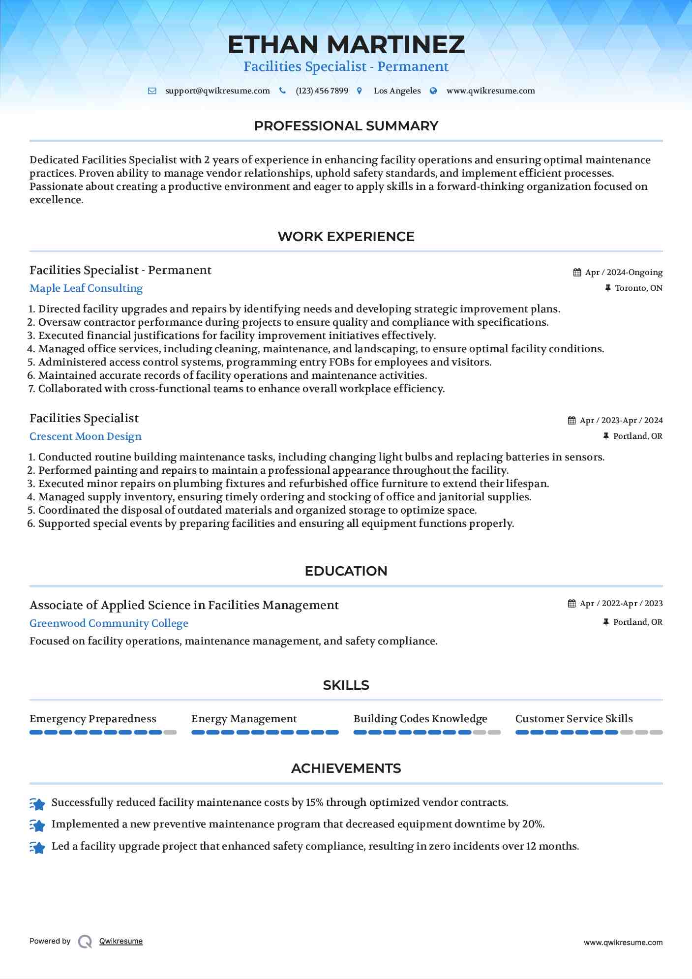 Facilities Specialist - Permanent Resume Format