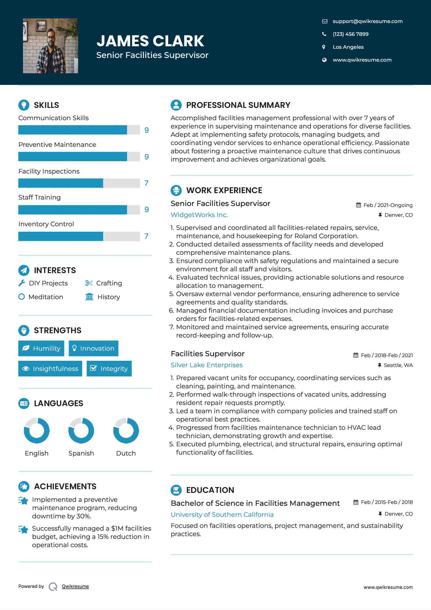 Senior Facilities Supervisor Resume Format