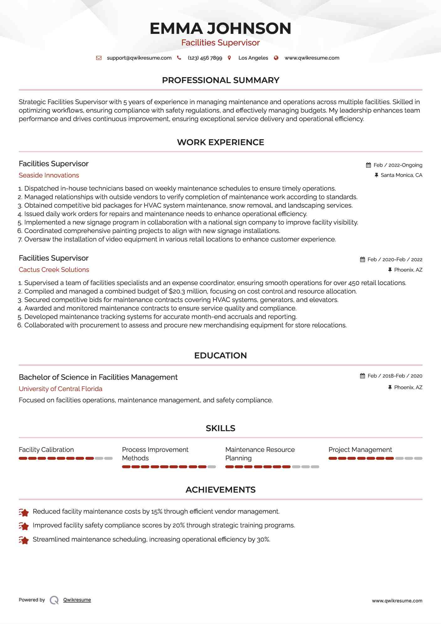 Facilities Supervisor Resume Format