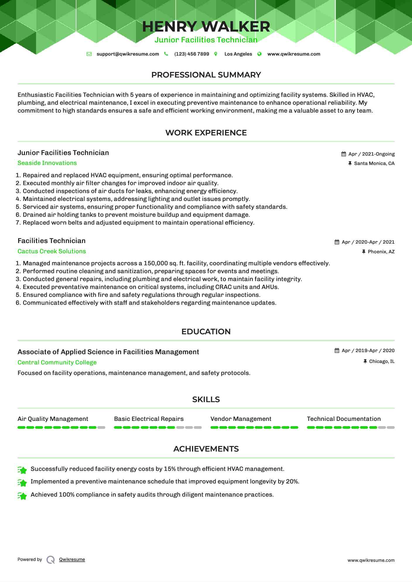 Junior Facilities Technician Resume Model