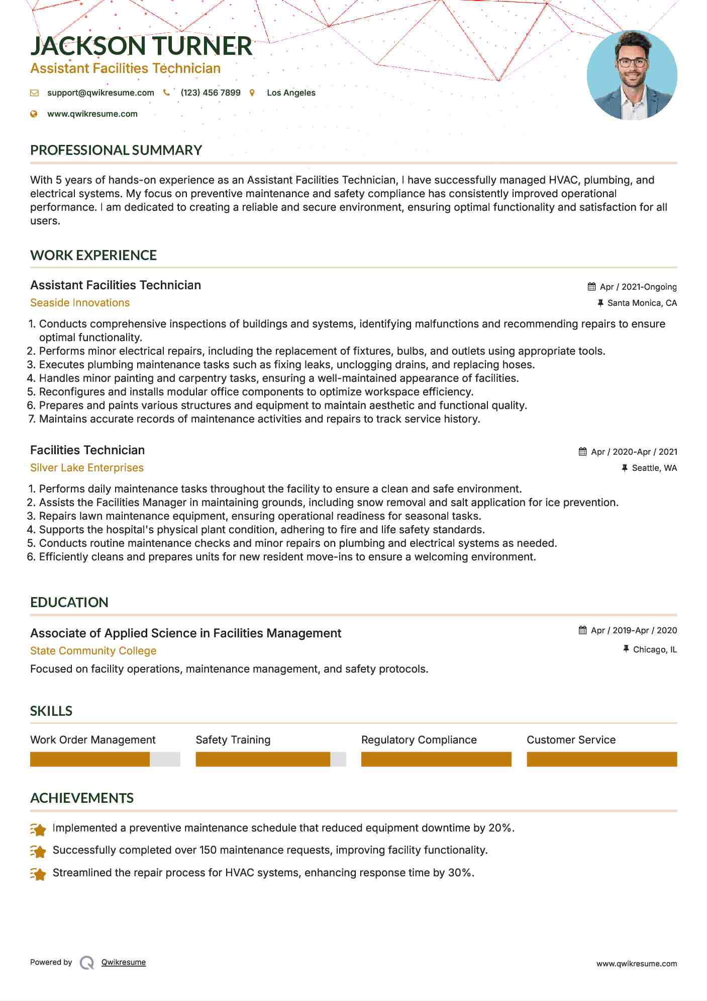 Assistant Facilities Technician Resume Example